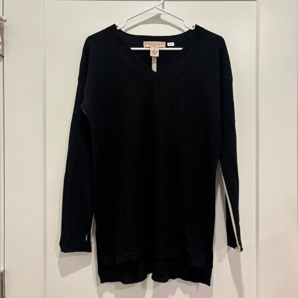 Philosophy Cashmere Black V-Neck Sweater Cream Stripe 100% Cashmere Medium